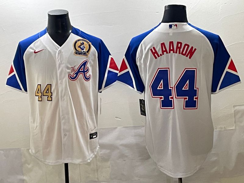 Men 2025 Atlanta Braves #44 H.Aaron White blue City Edition Nike MLB Jersey style 6->atlanta braves->MLB Jersey